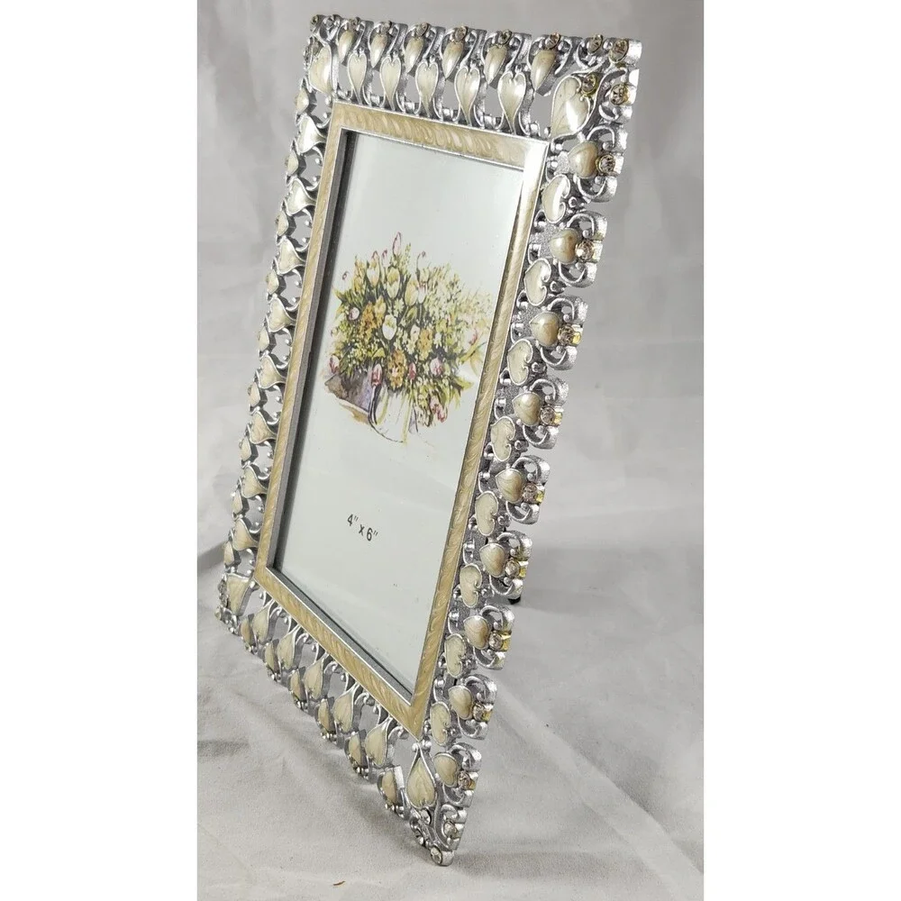 4 x 6 in Ornate Silver Tone Heart Photo Frame Faux Mother of Pearl Inlay